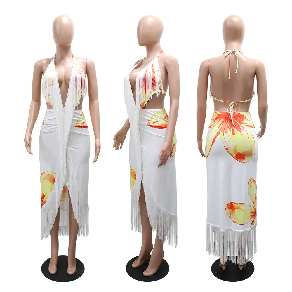 V Neck Floral Fringe Dress Sexy Party Bodycon Fashion Evening Dresses Women 2026 Summer Halter Elegant Luxury Maxi Dresses