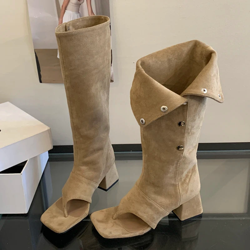 Eilyken Spring Autumn Square Clip Toe Women Knee-High Boots Sandals Fashion Vintage Low Heels Buckle Strap Shoes