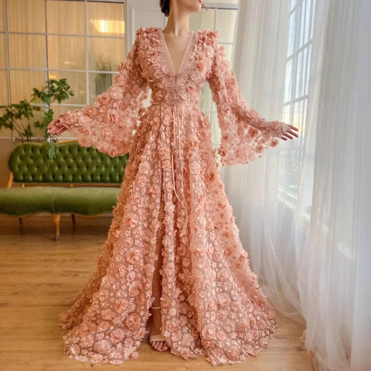 Luxury Arabic Peach-Pink 3D Flowers Long Sleeves Evening Dresses for Formal Occasion Wasisi ELA72960 Customized