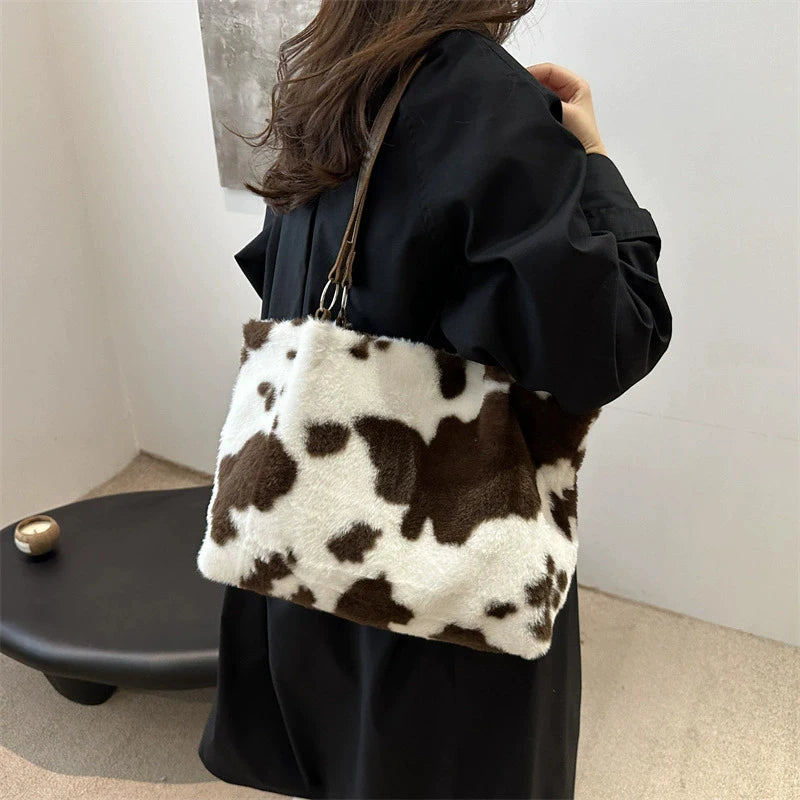 Cow Pattern Plush Shoulder Bag for Women Winter Fashion Purse Handbags Soft Warm Fur Female Casual Messenger Bags
