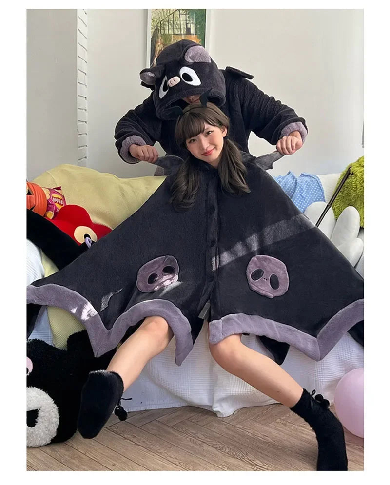 Kawaii Cartoon Bat Y2k Cute Blanket Plush Pajamas Anime Cosplay Cape Costume Halloween Theme Party Women's Hooded Cape 2025 New