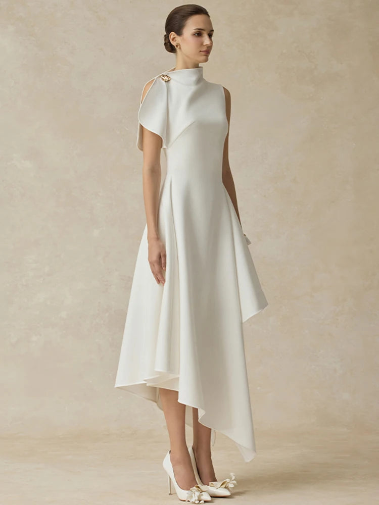 DEAT Elegant Dress Stand Collar Irregular High Waist Long Solid Color Women's Evening Party Dresses 2025 Winter New Tide 35Z3948