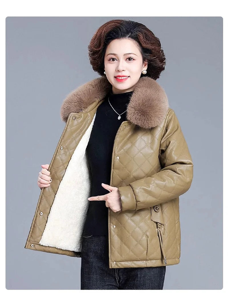 High End Middle Aged Women's Leather Jacket Winter New Thicken Warm Big Fur Collar Faux PU Leather Coat Female Outerwear 5XL