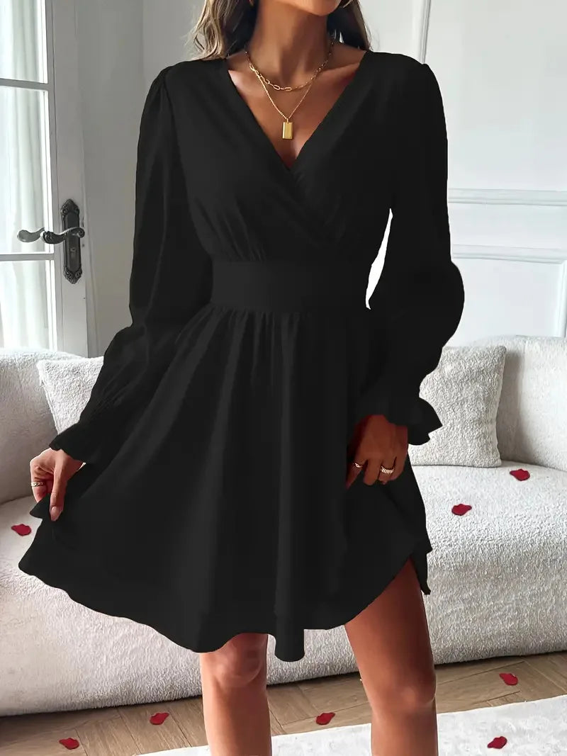 Dresses 2025 Woman Clothing V Neck Lantern Sleeve Wrap Mini Dress Ruched High Waist Elegant For Autumn Party Dress Vestidos