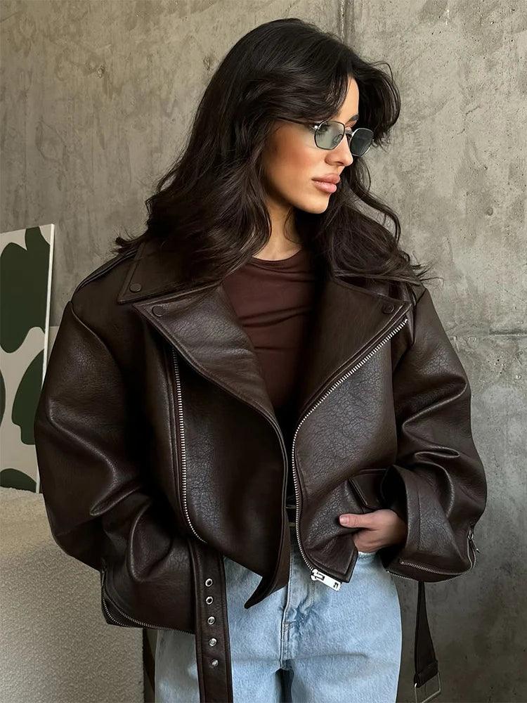 Women Chic Brown Leather Jacket With Belt Chic Full Sleeve Laple Zipper Short Coats 2026 Autumn New Ladies Street Biker Jackets