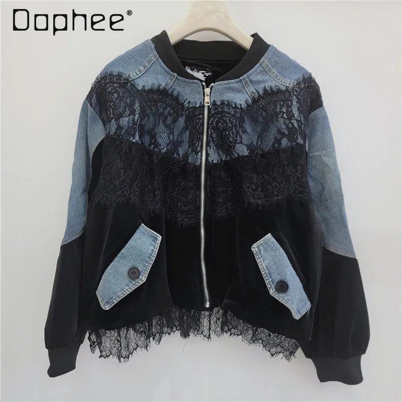 Spring New Fashion Stitched Lace Loose Velvet Denim Jacket Trendy Personality Street Casual Versatile Baseball Jackets Women