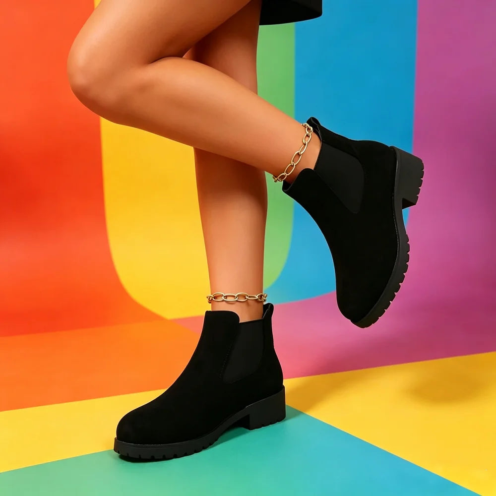 Women Suede Chelsea Boots Thick Sole Elastic Side Non Slip Casual Footwear All Season Daily Wear Comfortable Fit Chunky Design