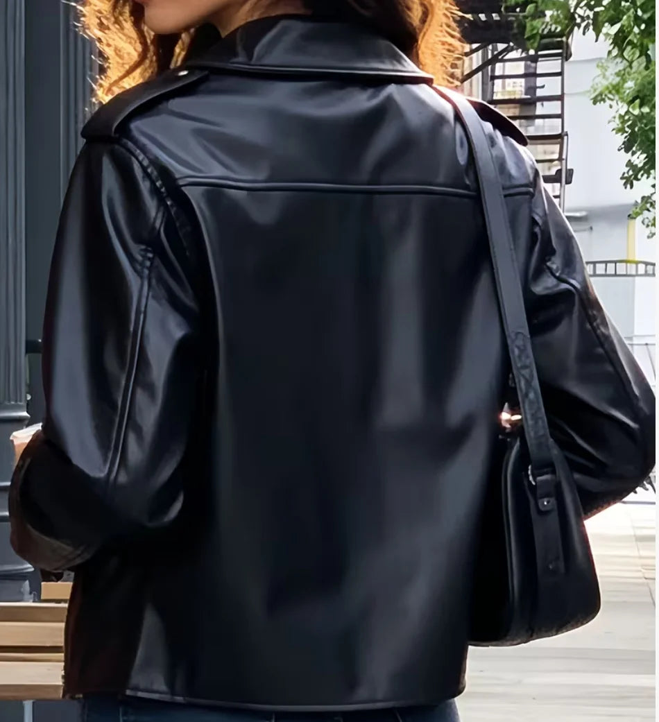Women's Edgy Classic Faux Leather Moto Jacket Asymmetric Zip Biker Coat with Silver Details
