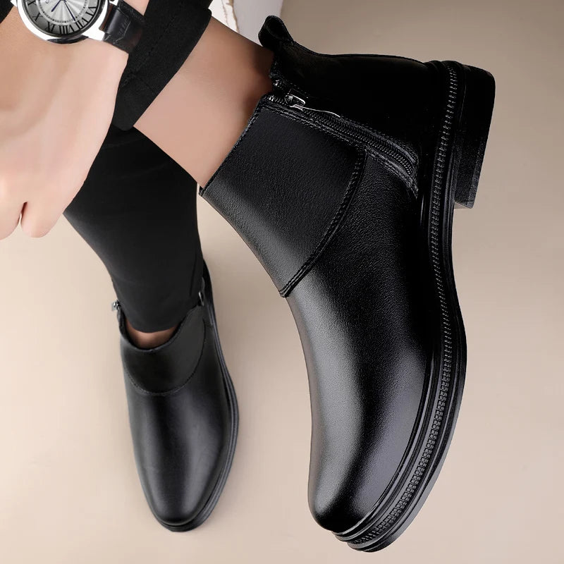 Winter New Fashion Cotton Shoes Men's Plush Genuine Leather Casual Snow Boots Slip on Male Business Footwear Comfy Ankle Boots