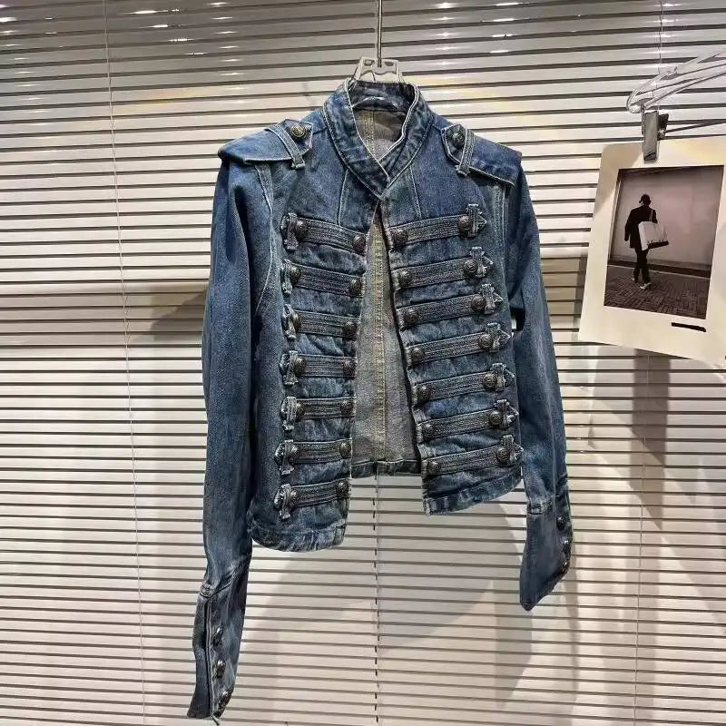 DEAT 2026 Autumn New Fashion Metal Buckle Design Shoulder Strap Denim Short Jacket For Women High Street Coat Female 11A06995