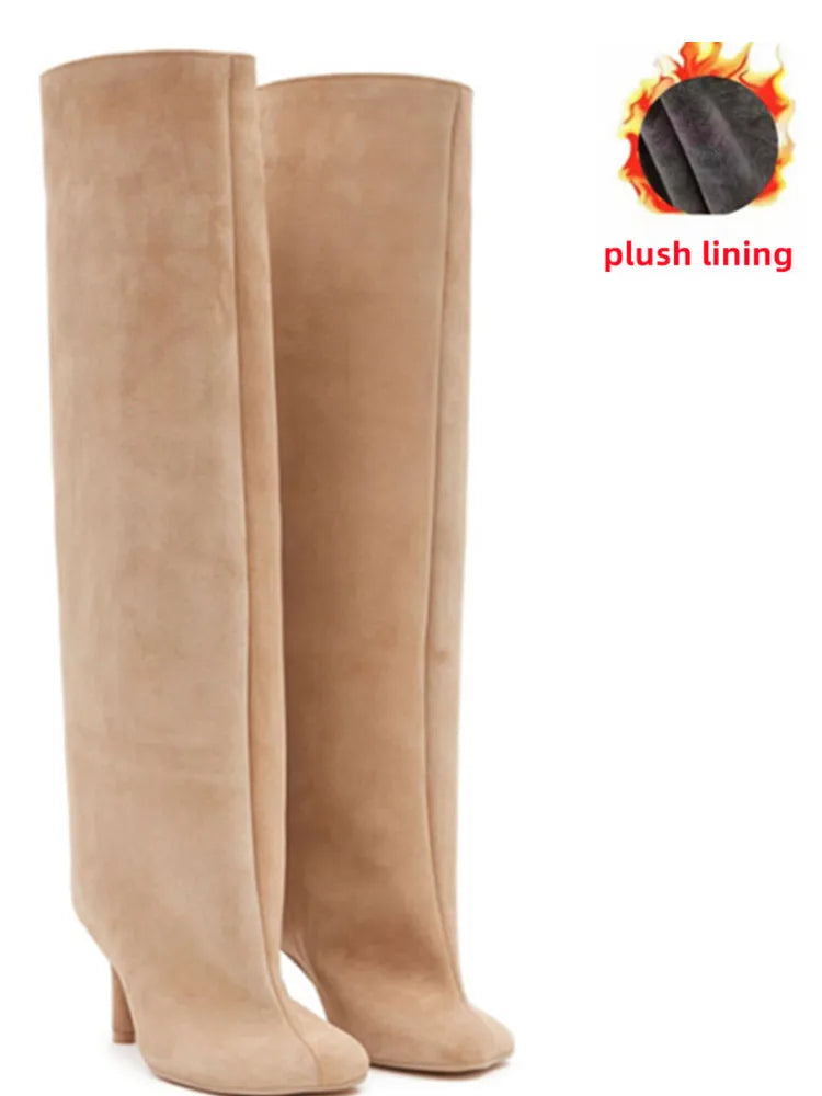 2025Women's Autumn and Winter New Slim Fit High Heels Knee High Boots Fashionable Plus Size Medium Long Boots Knight Boots