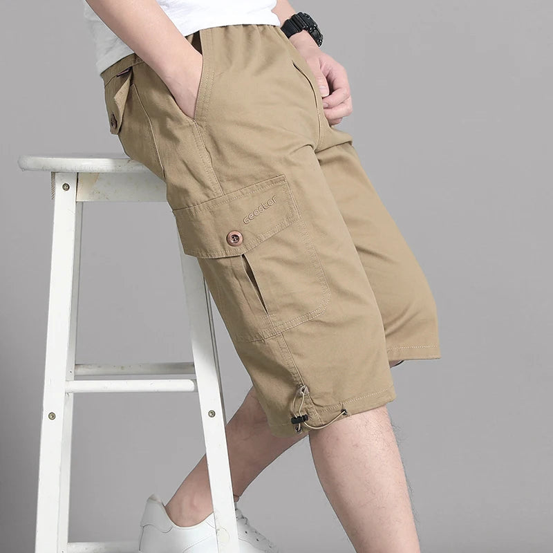Zipper Pocket Workwear Shorts Mens Knee Cargo Pants 2026 Summer Cotton Shorts Men Climbing Jogger Elastic Waist Sports Work Wear