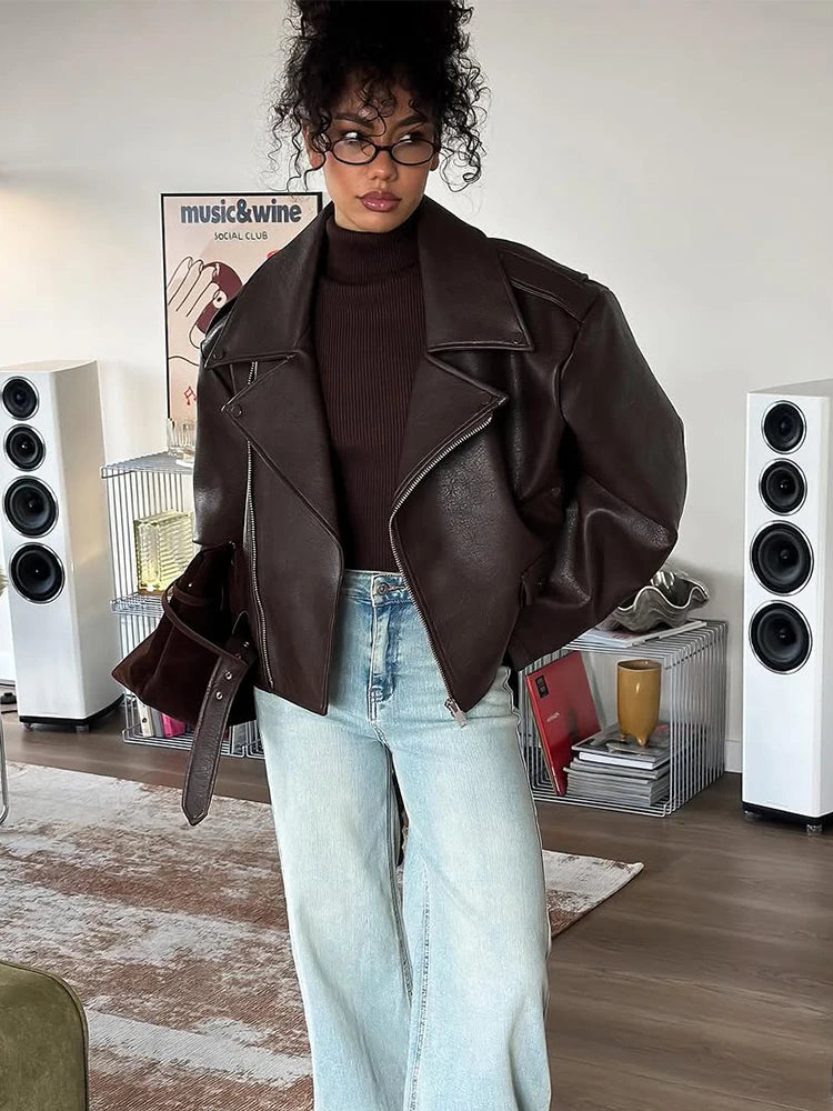 Women Chic Brown Leather Jacket With Belt Chic Full Sleeve Laple Zipper Short Coats 2026 Autumn New Ladies Street Biker Jackets