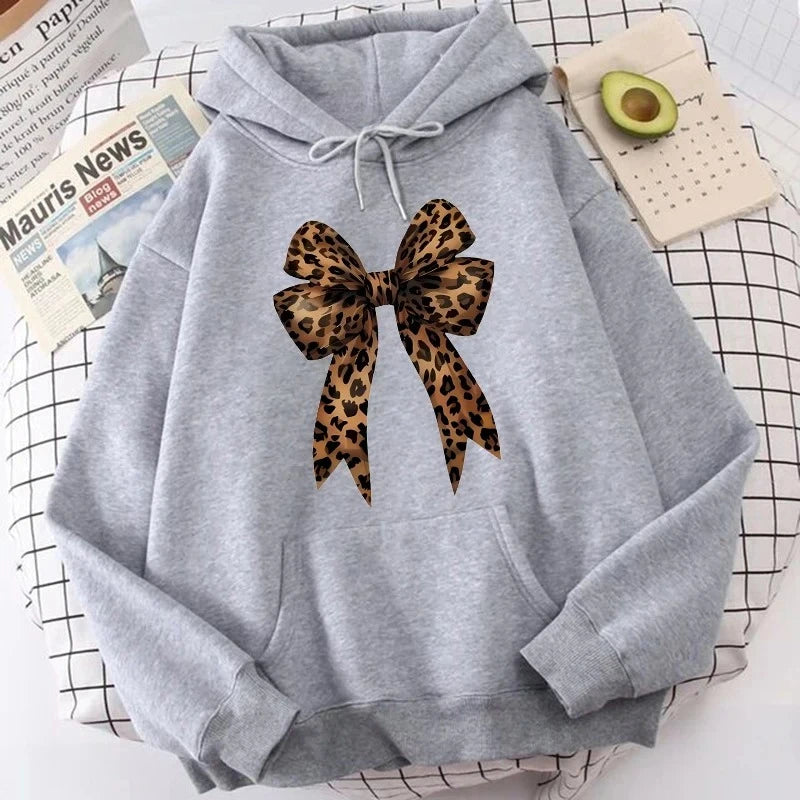 Bow Heart Love Leopard Print Hoodies Long Sleeve Funny Sweatshirts Streetwear Women's Casual Graphic Hooded Pullovers Clothes