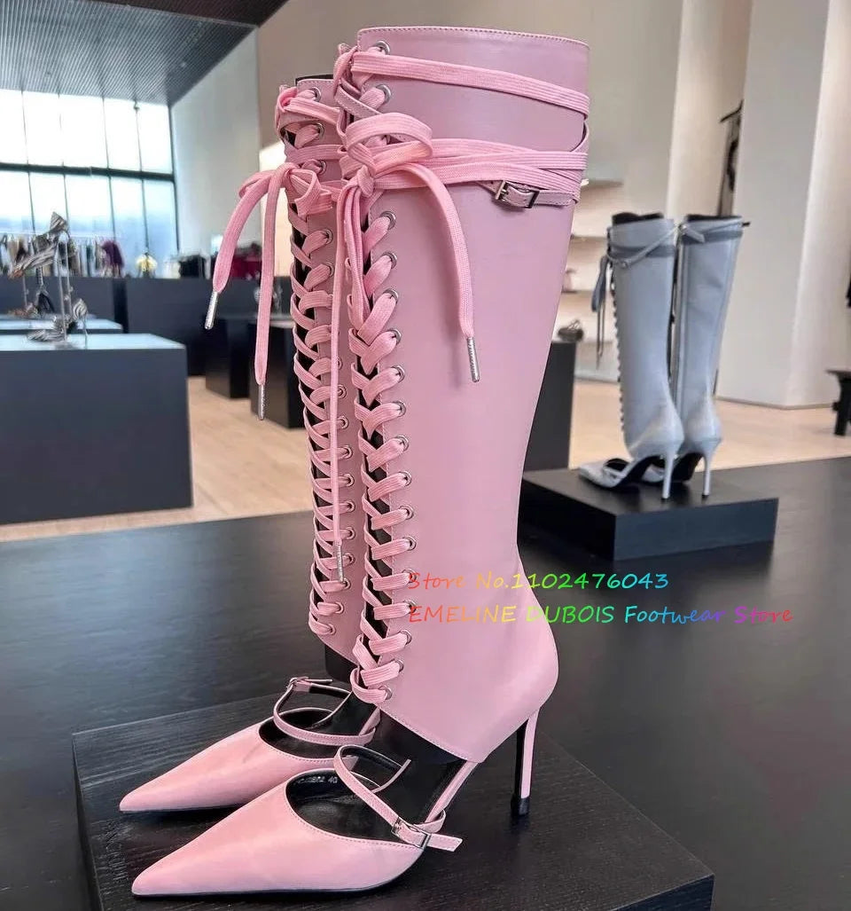 White Pointed Toe Lace Up Knee High Boot Women Summer New Sexy Hollow Buckle Strap Stiletto Heel Front Cross Tied Sandals