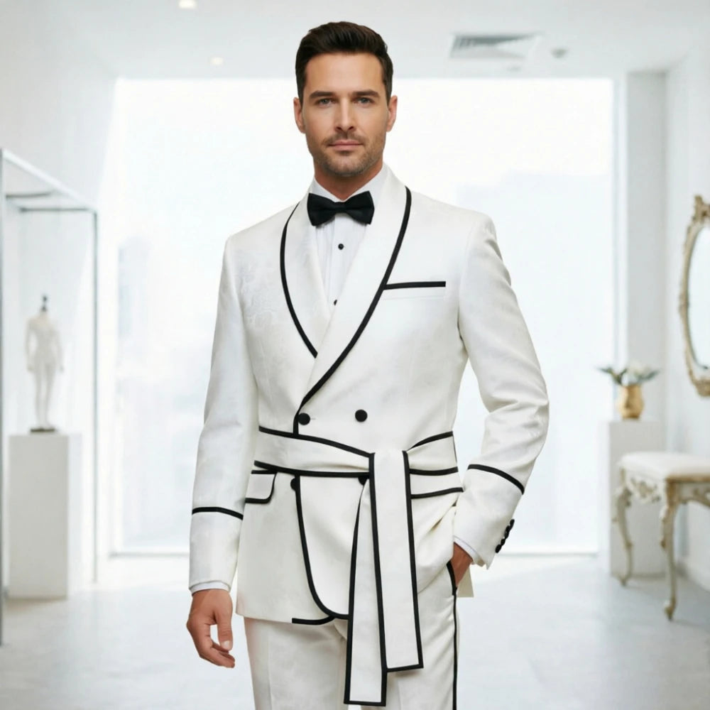 White Wedding Tuxedo Double Breasted for Men Black Piping Groom Suit with Belt Slim Fit Formal Prom Party Blazer with Pants
