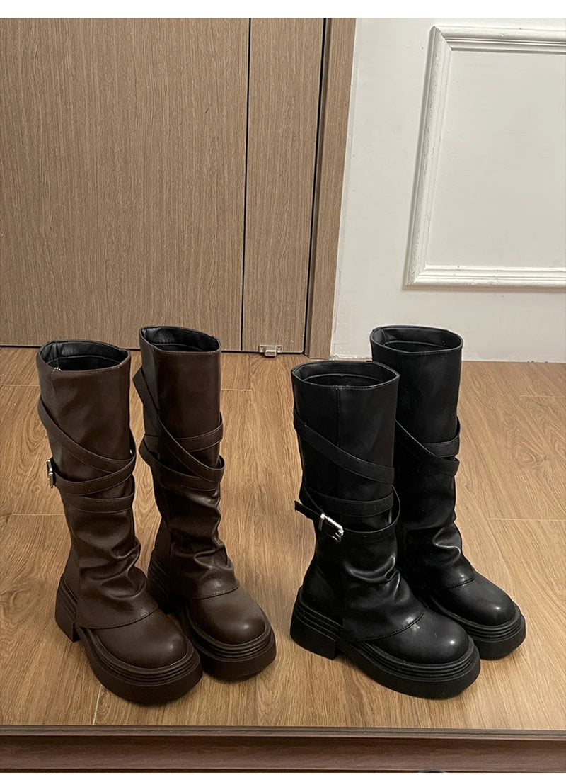 Vintage Thick Heel Women Knight Long Boots Fashion Slip On Knee High Booties Autumn Winter Shoes Zapatos De Mujer