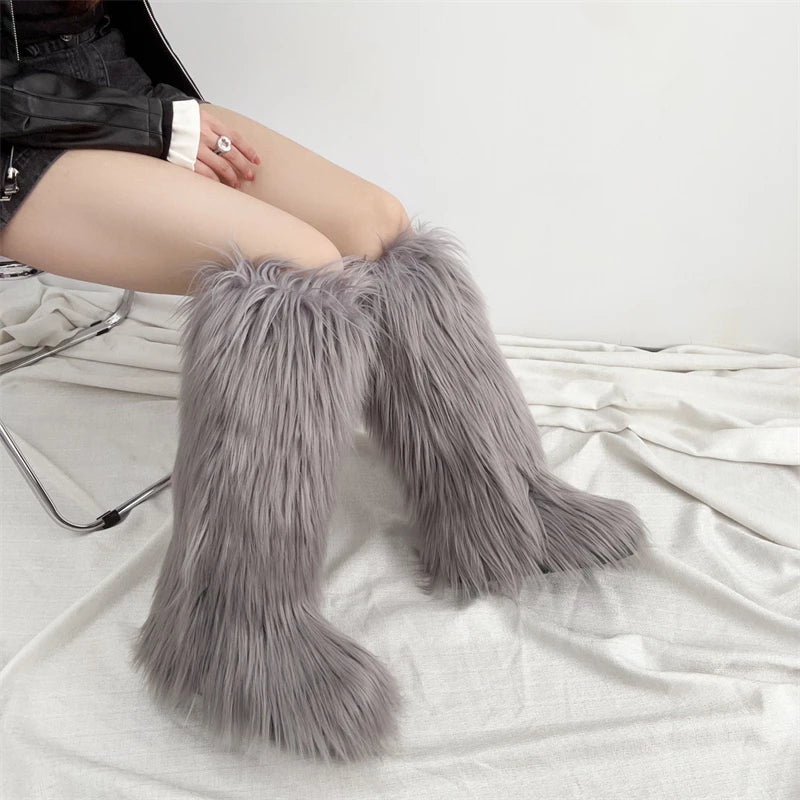 Hot Sale Ins Fashion Long Women Furry Boots Winter Knee Length Keep Warm Ladies Snow Boots