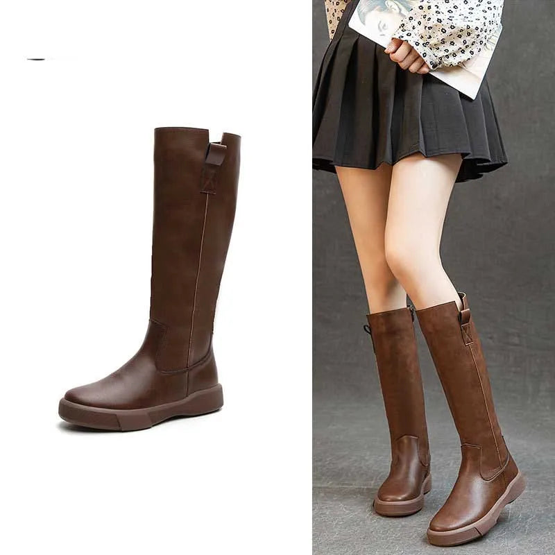 Koznoy 4cm Cow Genuine Leather Microfiber High Top Rubber Knee High Booties Women Chimney Autumn Boots Spring Fashion Shoes