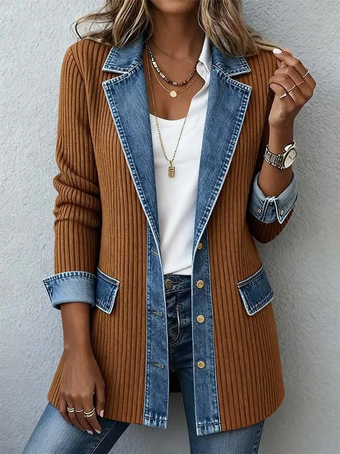 Women's Casual Autumn Retro Harajuku Fashion Elegant Slim Fit Sports Jacket Collar Long Sleeved Y2K Denim Patchwork Jacket