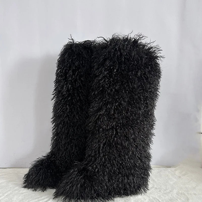 New Over The Knee Fur Boots Women Warm 72CM Long Faux Mongolian Fur Snow Boots Winter Luxury Fluffy Shoes Plush Platform Shoes