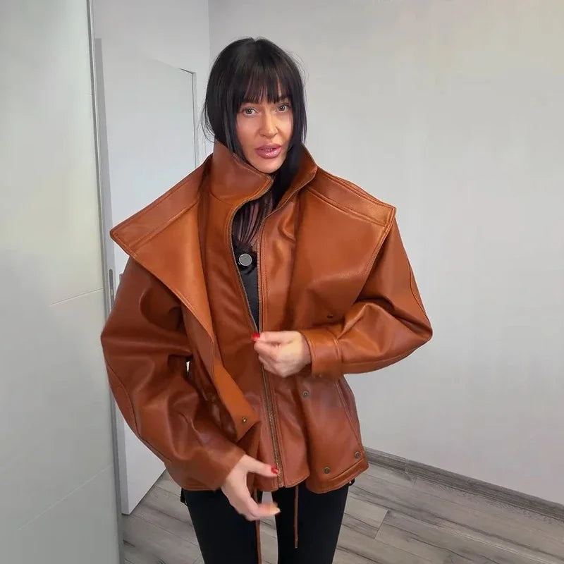 Fashion Solid Faux Leather Women's Jacket  Lapel Waist Cinching Loose Long Sleeves Coat Chic 2026 Spring Autumn New Street Wear