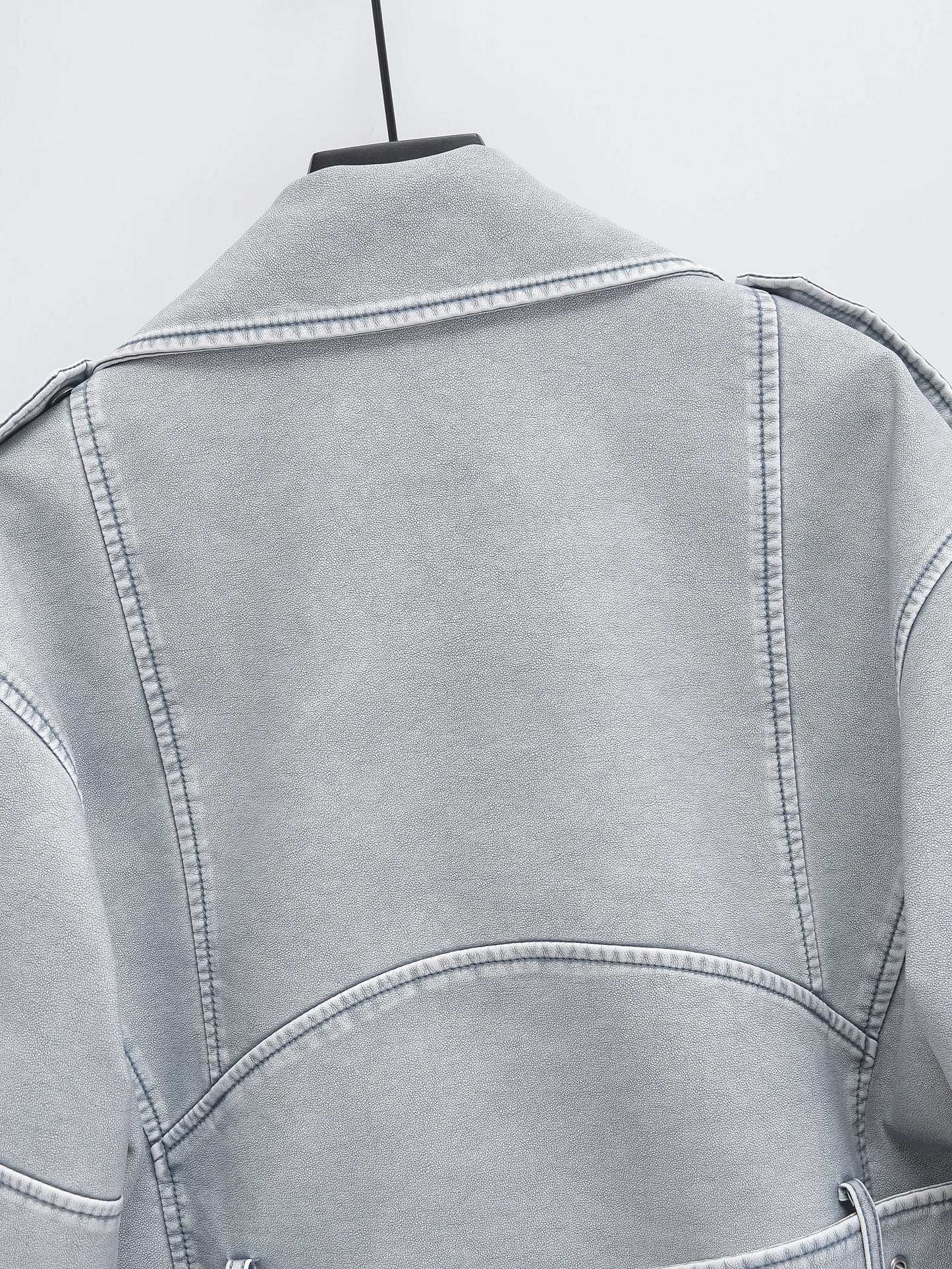 Women Autumn Winter Loose Gray PU Faux Leather Short Jackets Belt Female High Street Zipper Retro Moto Biker Coats Outwear XS-XL