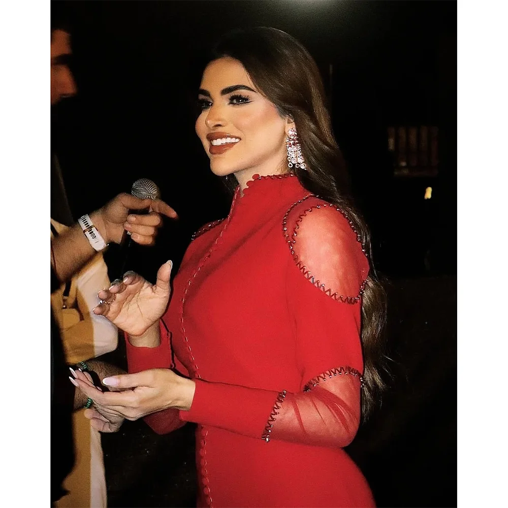 Red Evening Dresses for Women V-Neck Mermaid 2026 Evening Gowns Long Sleeves Floor Length Buttons Jersey Prom Gown Customized