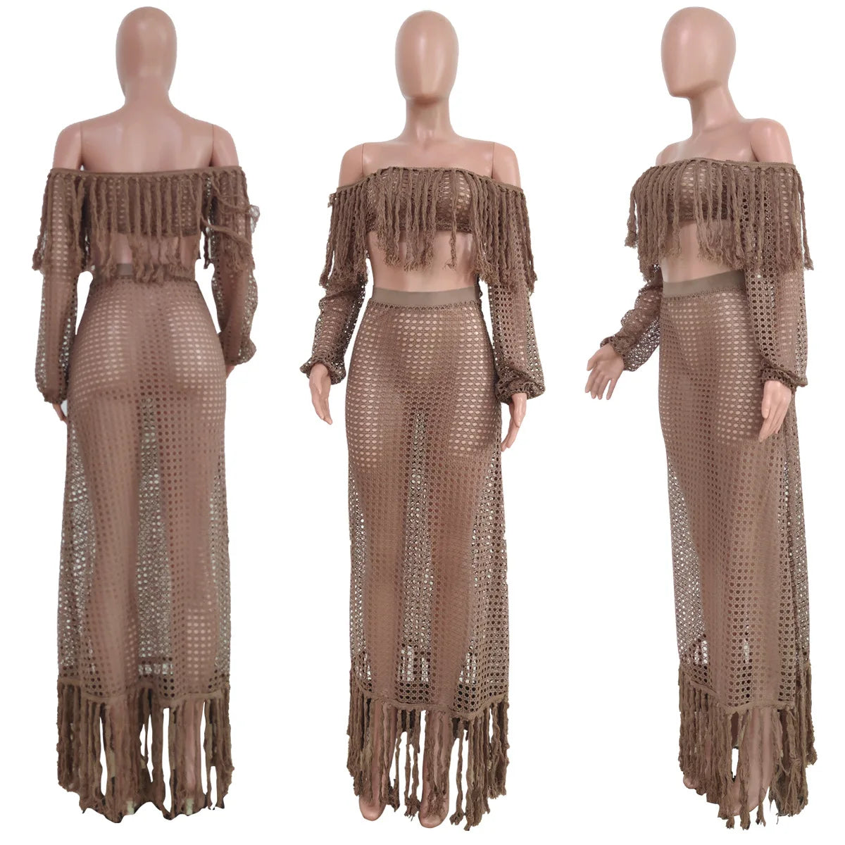 Skirt 2 Piece Set Women Beach Long Skirts Suit Top Off Shoulder Tassels Sexy Hollow Out Ensemble 2025 Summer Female Outfits