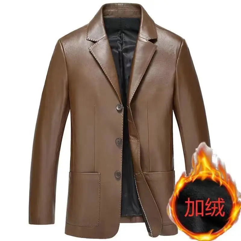 Autumn Winter Male Korean Fashion Casual PU Leather Jacket Hombre Thick Warm Add Velvet Buttos Coat Men All-match Outwear Top