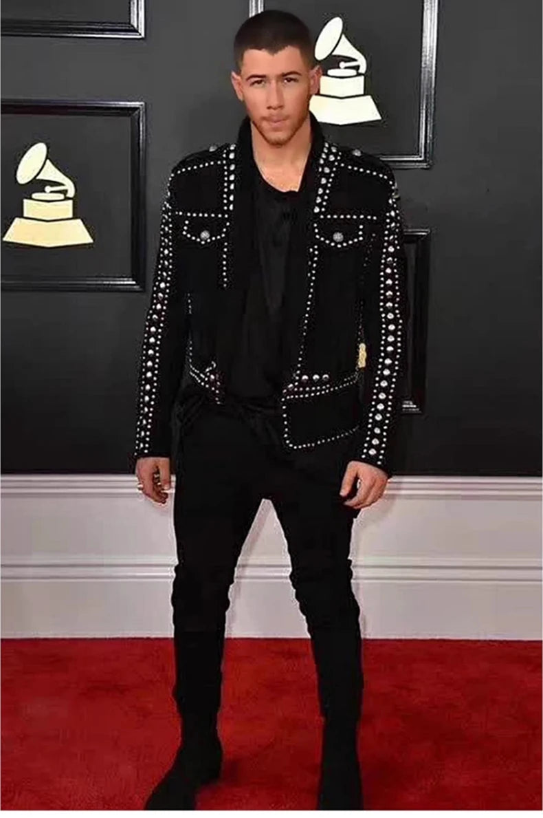 Mauroicardi Spring Autumn Cool Studded Short Black Faux Suede Leather Jacket Men Luxury Designer Emo Night Club Wear Clothes