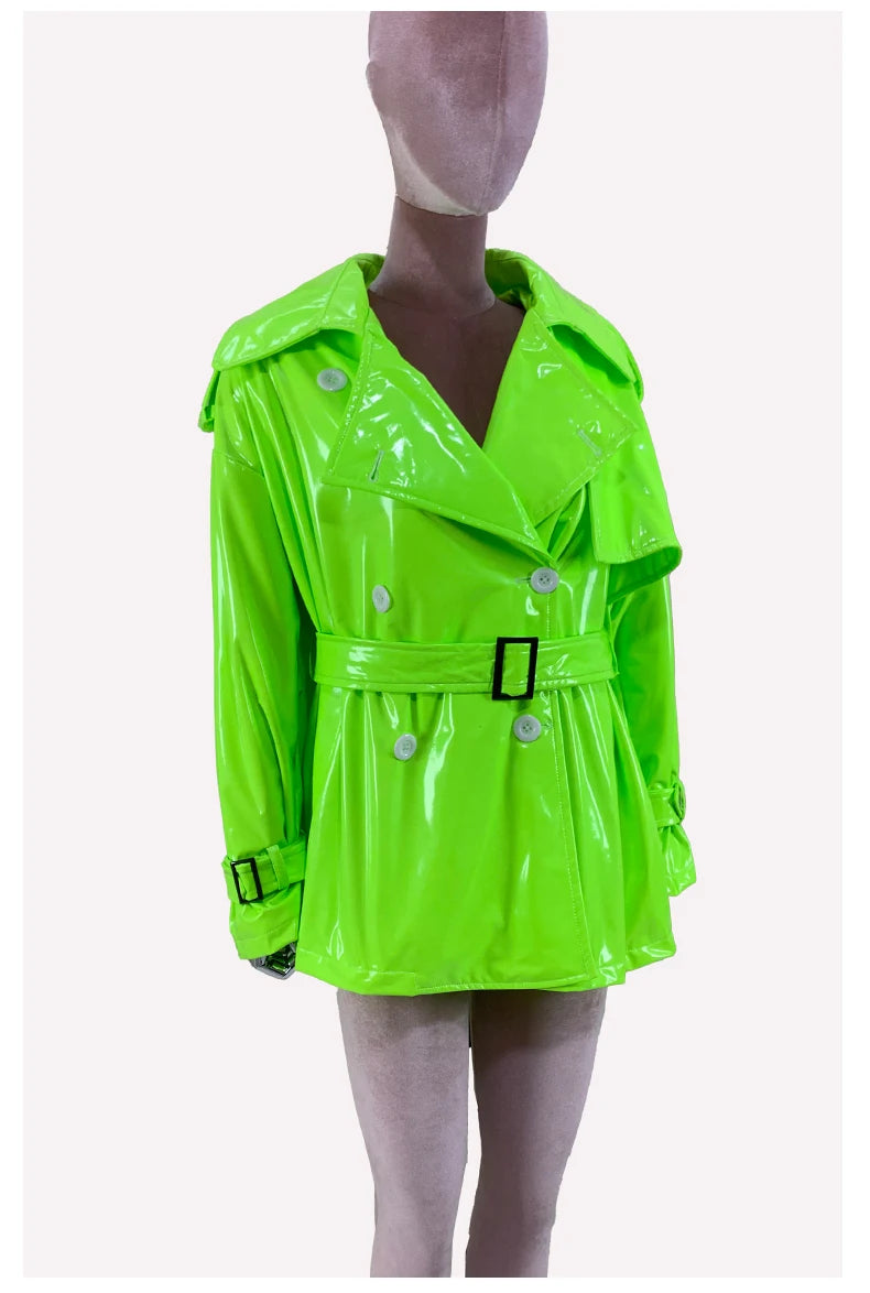 Nerazzurri Spring Autumn Oversized Thin Shiny Reflective Patent Leather Trench Coat for Women Double Breasted European Fashion