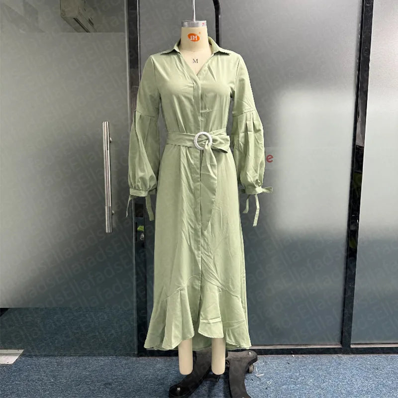 Elegant Dresses for Women Fashion Solid Lantern Sleeve Ruffle Hem Pocket Design Belt Maxi Dress Office Ladies Temperament Dress