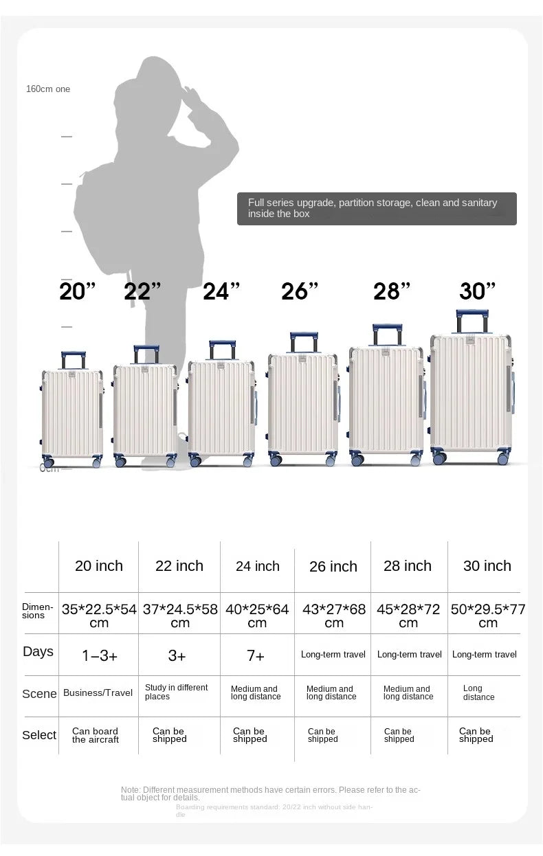 28/30 inch Large-capacity Luggage Lightweight Aluminium Frame Trolley Case 20 inch Can Boarding Zip Model Suitcases on Wheels