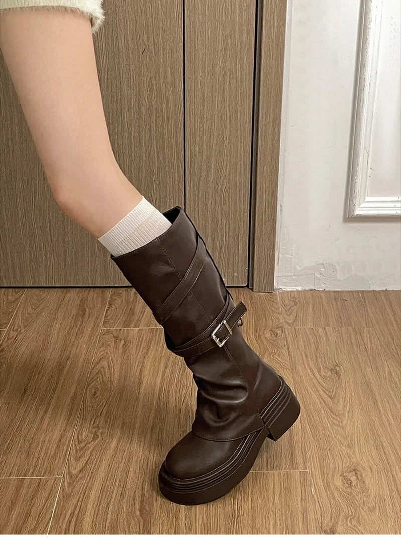 Vintage Thick Heel Women Knight Long Boots Fashion Slip On Knee High Booties Autumn Winter Shoes Zapatos De Mujer