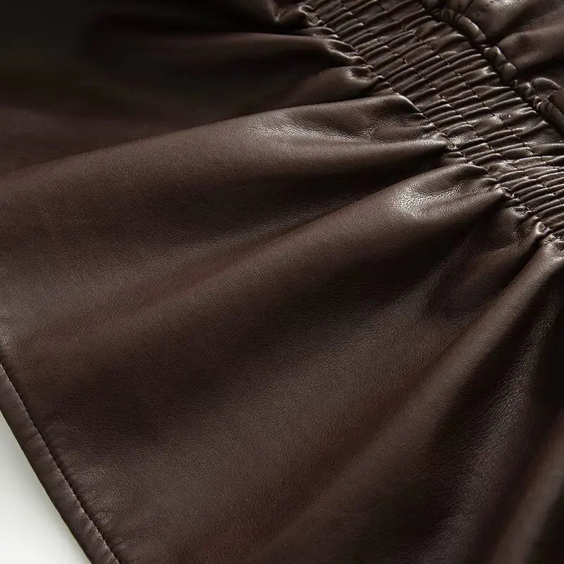 New Fall Winter High Street Warm Brown Zipper Pu Leather Jacket Women Casual Lapel Elastic Waist Cinching Coat Outwear Clothes