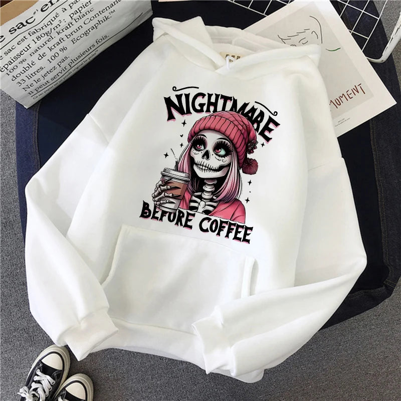 Slogan Nightmare Before Coffe Graphic Sweatshirt Unisex Fall Winter Hoody Y2k Clothing Women's Skeleton Halloween Pocket Hoodies