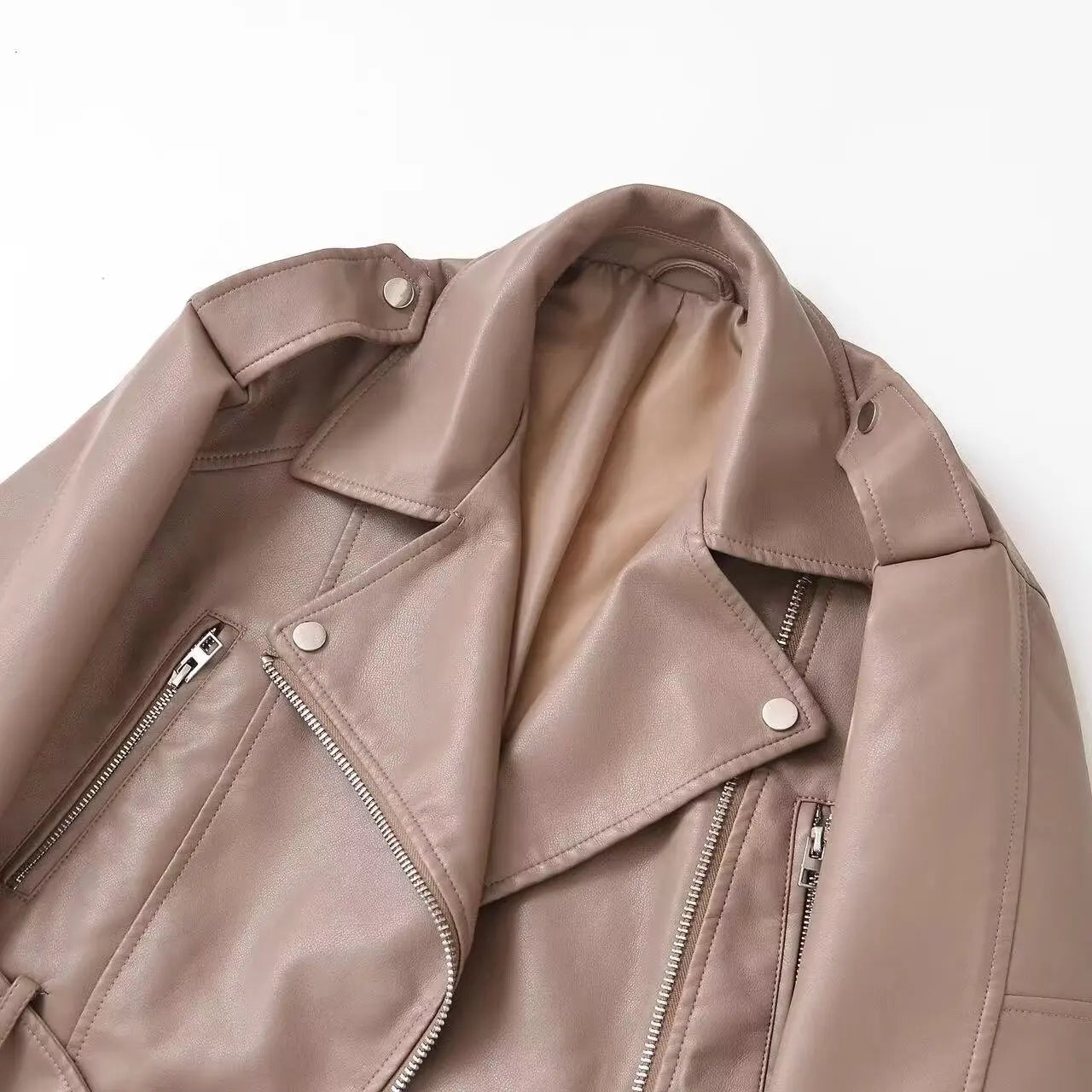 Women Autumn Winter Loose Gray PU Faux Leather Short Jackets Belt Female High Street Zipper Retro Moto Biker Coats Outwear XS-XL