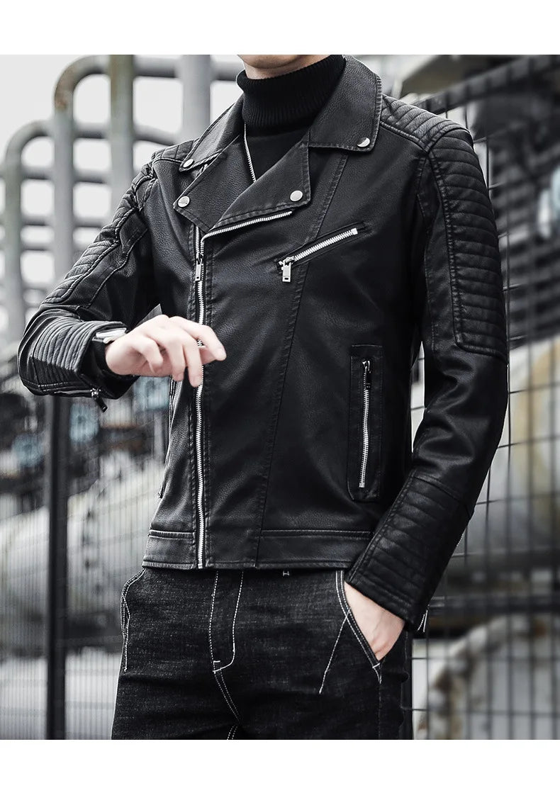 Male Slim Fit Pu Leather Coats Mens Motorcycle Jackets Black Outwear Leather Coats Man High Quality Business Leather Jacket