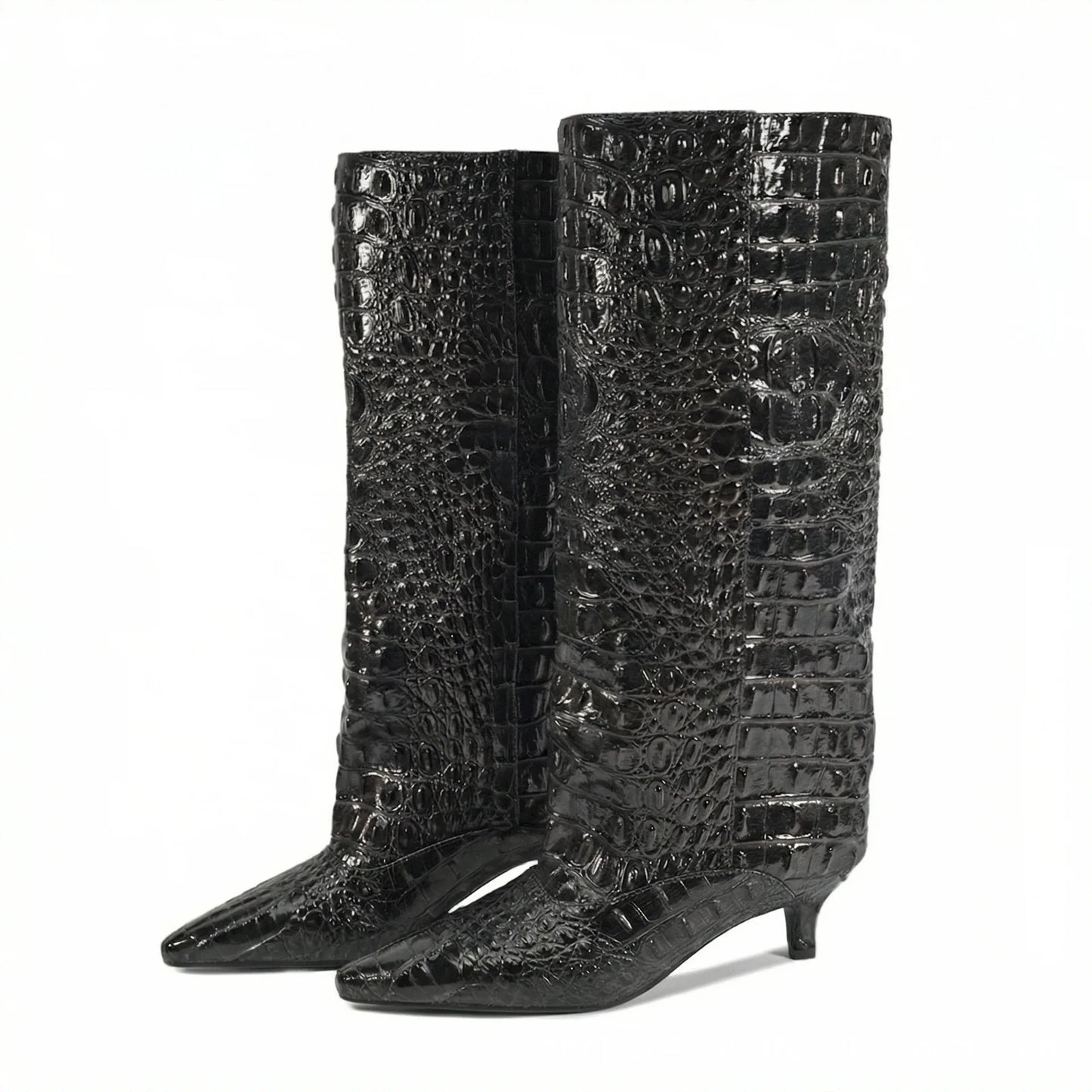 Women's Spring and Autumn New Cat Heel Wide Knee Knee Boots Fashion Pointed Women's Low Heel Mid Heeled Boots