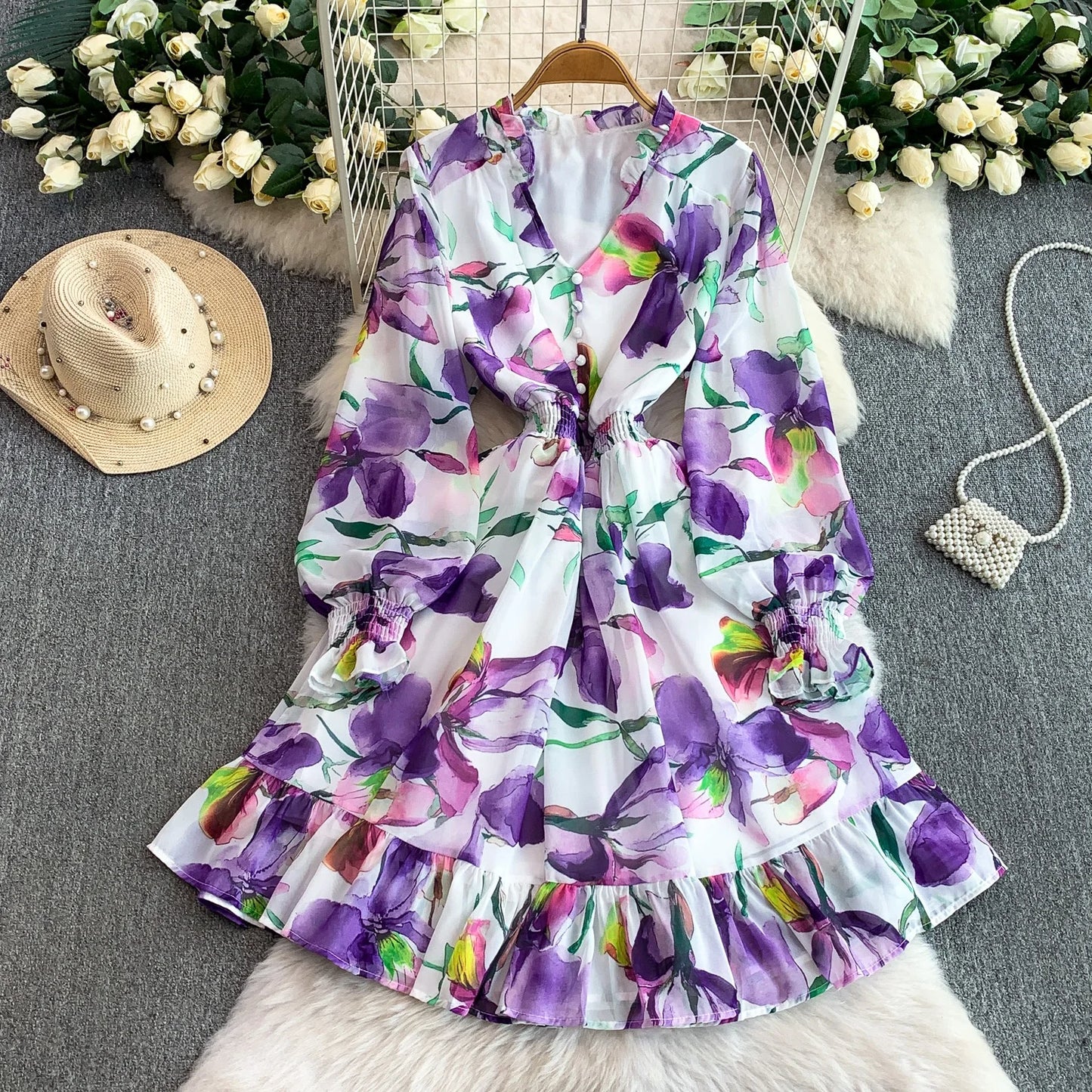 Vaion Sle V-Ne Printed Chiffon Women's Dr Elastic Waist Slimming A-Line Midi Skirt Bell Sve Long Sve Winter D...