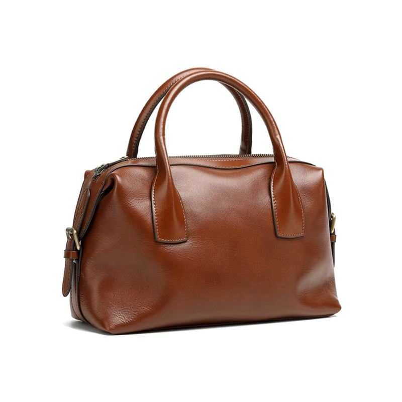 BURMINSA Genuine Cowhide Leather Handbags For Women Retro Pillow Top Handle Bags Bowling Daily Work Crossbody Shoulder Purses