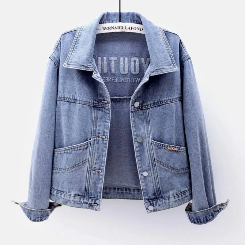 Denim Coats Women Short Coat Single Breasted Casual Embroidery Turn Down Collar Y2k Streetwear Jackets Work Slim Fit Spring