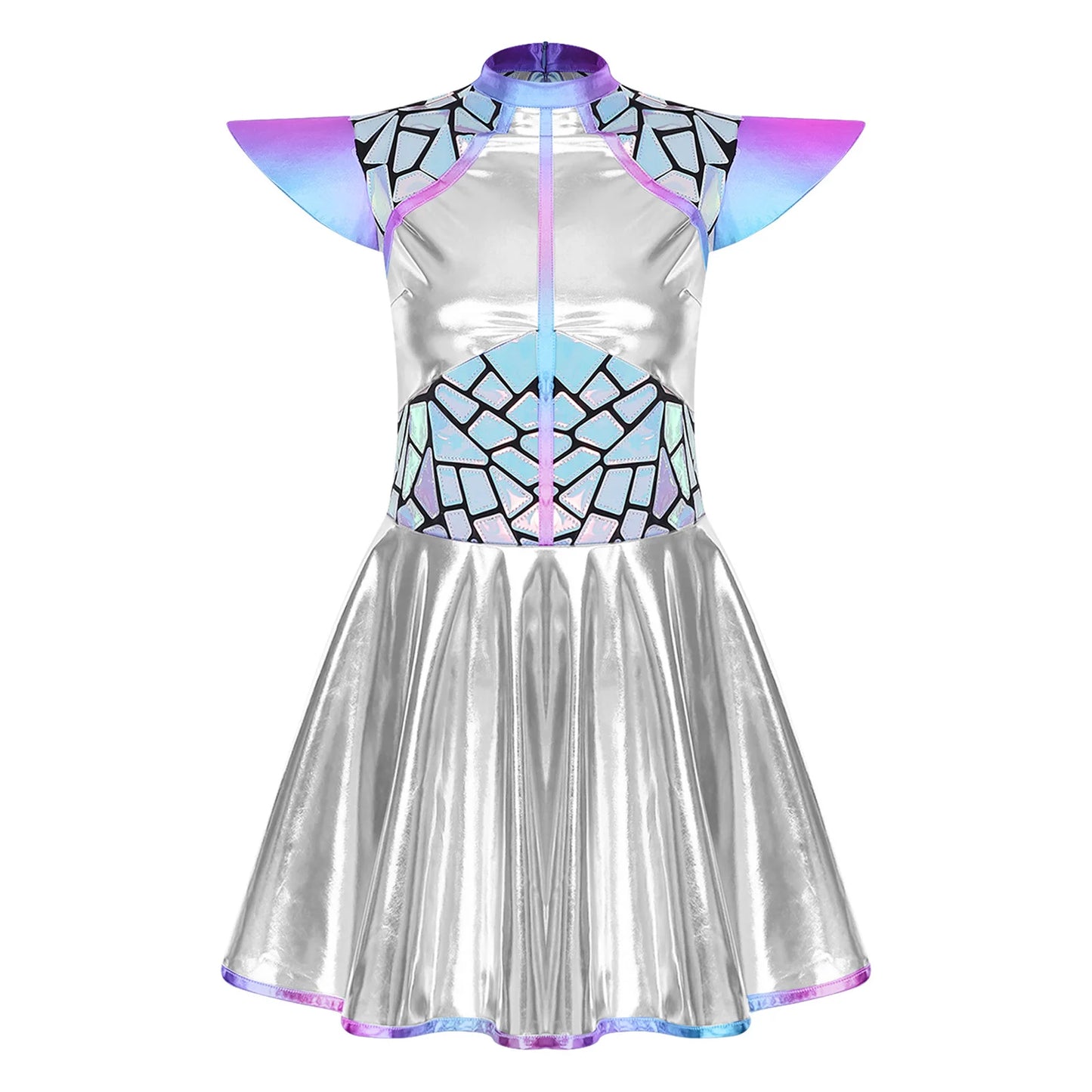 Womens Astronaut Alien Outer Space Alien Robot Cosplay Dress Halloween Cutie Costume Sequin Metallic Shiny A-line Mini Dresses