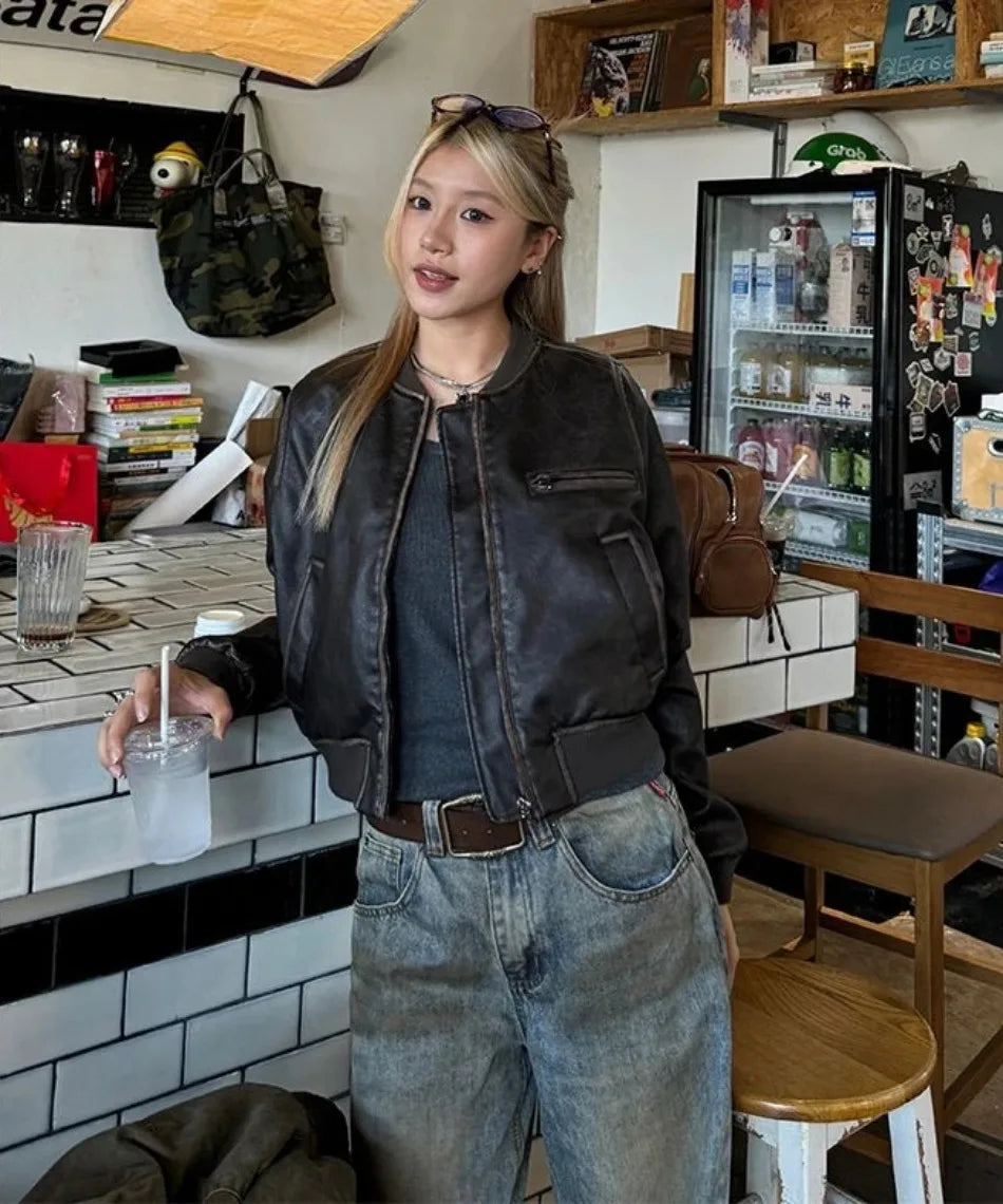 New in Autumn Winter Women High End Short Motorcycle Leather Jacket Women Top Retro Brown Loose Casual Coat Female Clothing