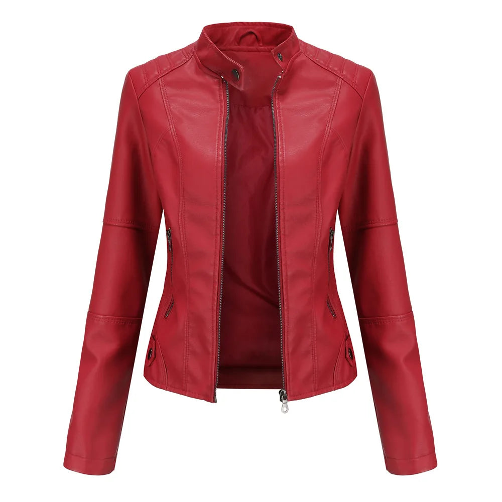 Women's Slim Fit Leather Jacket with Motorcycle Suit, Large Standing Collar, Autumn Black Zipper Outdoor Leather Top