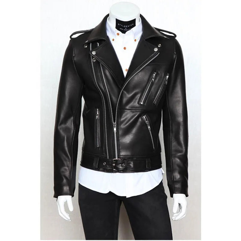 Winter and Autumn Men's Oversized Button-down PU Leather Coat with Multiple Zippers Polo Jacket, with Many Zippers