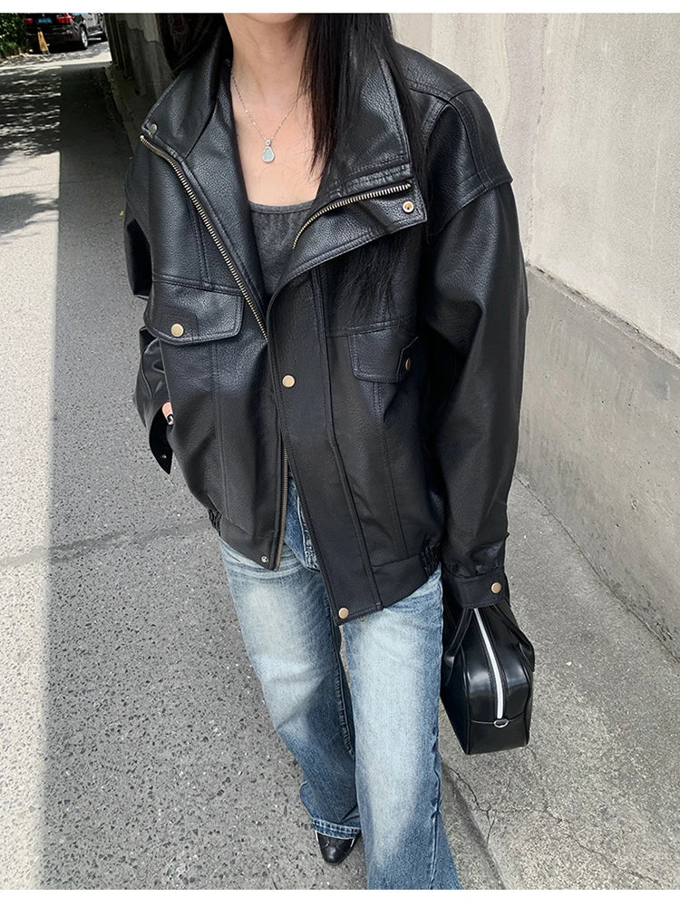 Lautaro Spring Winter Cool Oversized Thicken Warm Black Hard Pu Leather Jacket Women Long Sleeve High Quality American Clothing