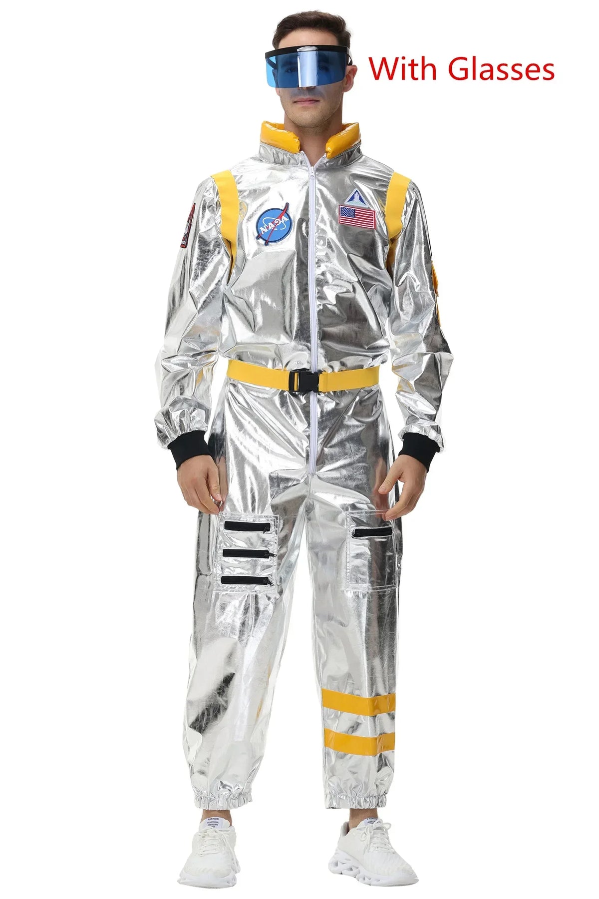 Adults Silver Astronaut Costume Space Suit Men Women Couple Jumpsuit Cosplay Halloween Carnival Party Dress Up