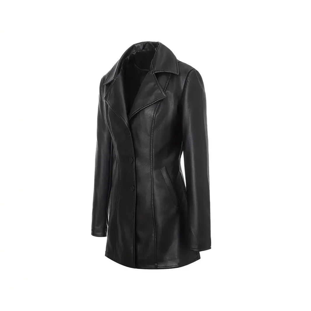 Street PU Leather Women Jacket Black Long Sleeve Button Pocket Turn-down Collar Female Coat 2026 Autumn Winter Lady Outwear